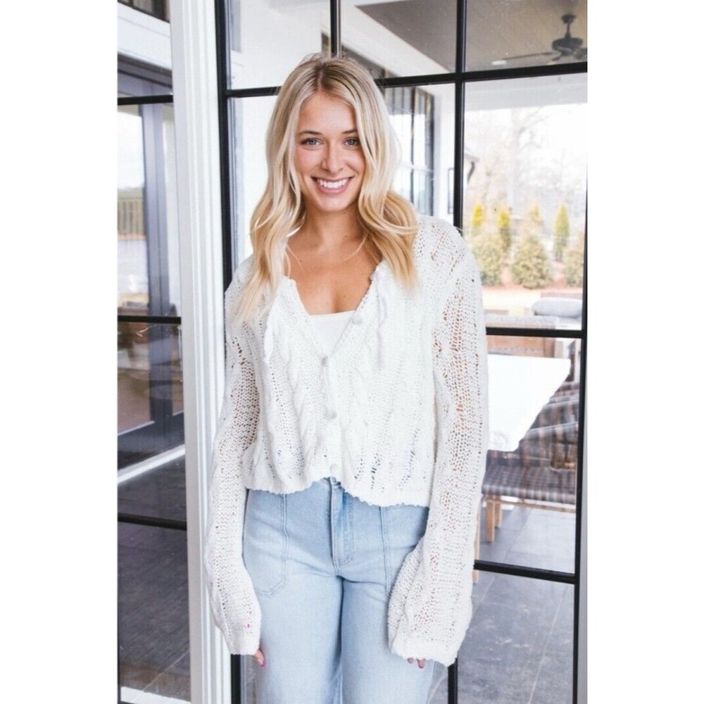 Free People White Cable loose Knit Cardigan